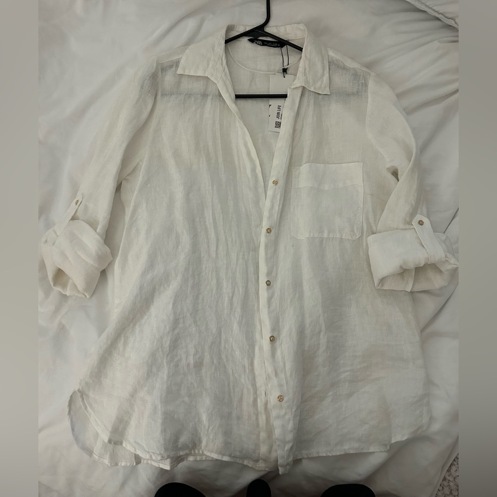 Zara White Button-Up Linen Shirt